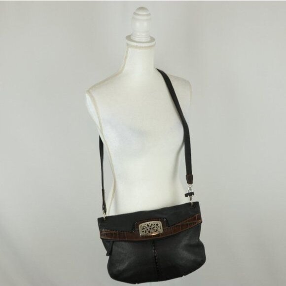 Brighton Women's Black Brown Embossed Leather Fold Over Crossbody Bag - Picture 1 of 8